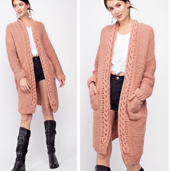Tricia Relaxed Open Front Long Line Braided Knit Cardi Peach Sweater Sm-Md NWT - Picture 2 of 14